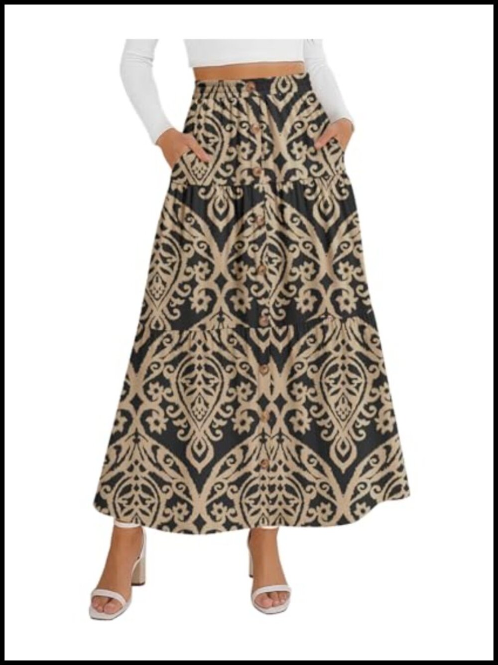 Boho Maxi Skirt Elastic Waist Tiered A-Line Long Skirt Pockets Decorative